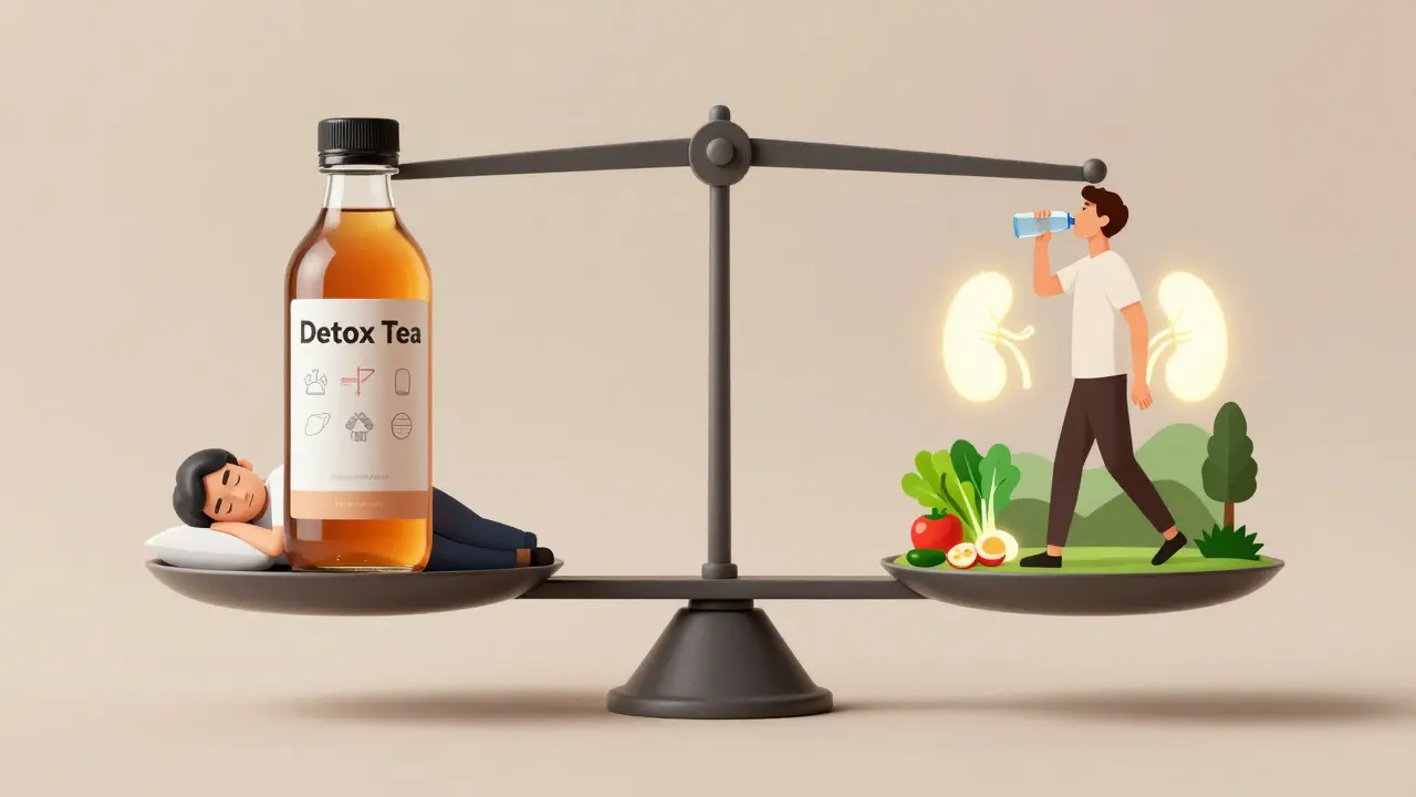 Váha s detoksačním čajem na jedné straně a zdravým životním stylem na druhé, symbolizující vědeckou pravdu.