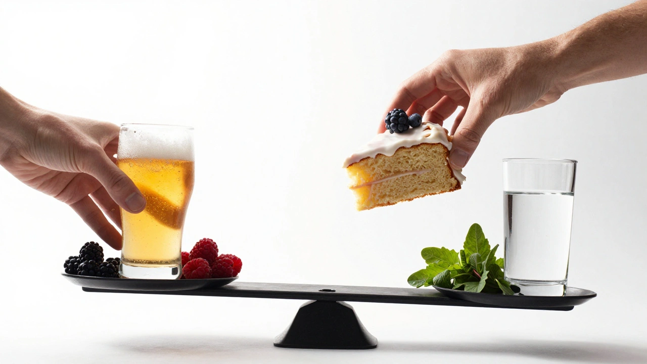 Váha s nezdravou sladkostí a pivem na jedné straně a zdravými potravinami na druhé.