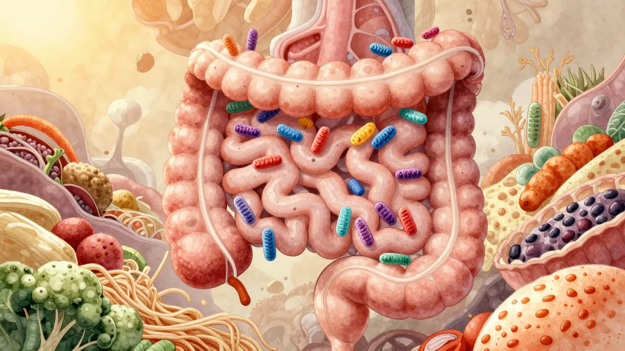 Vnitřek střev jako živý ekosystém s bakteriemi a potravinovými vlákny.