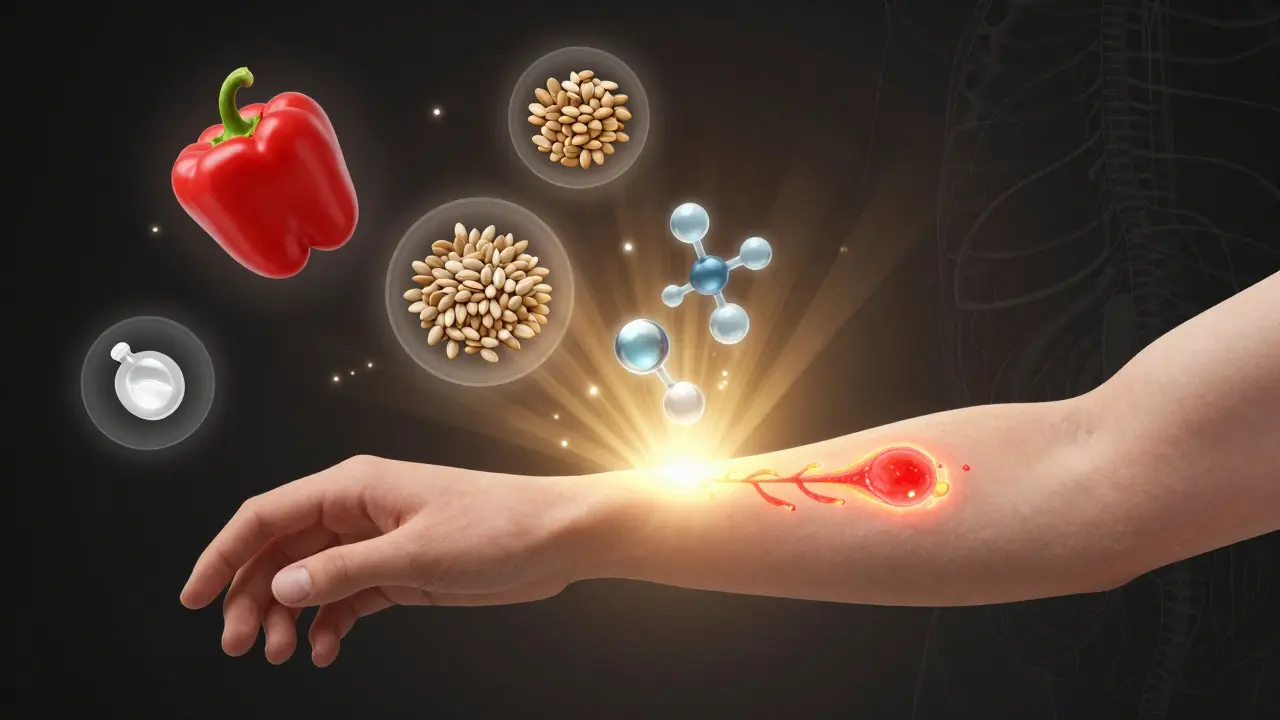 Zahojující rána s obklopujícími výživovými prvky jako vitamín C, zinek a hyaluronová kyselina.