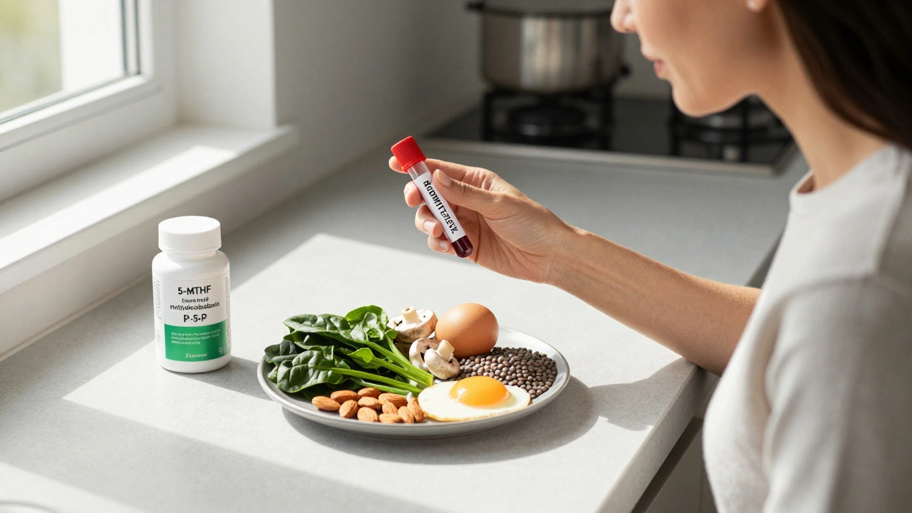 Žena drží krevní test a před ní má čerstvé potraviny bohaté na vitamíny B.