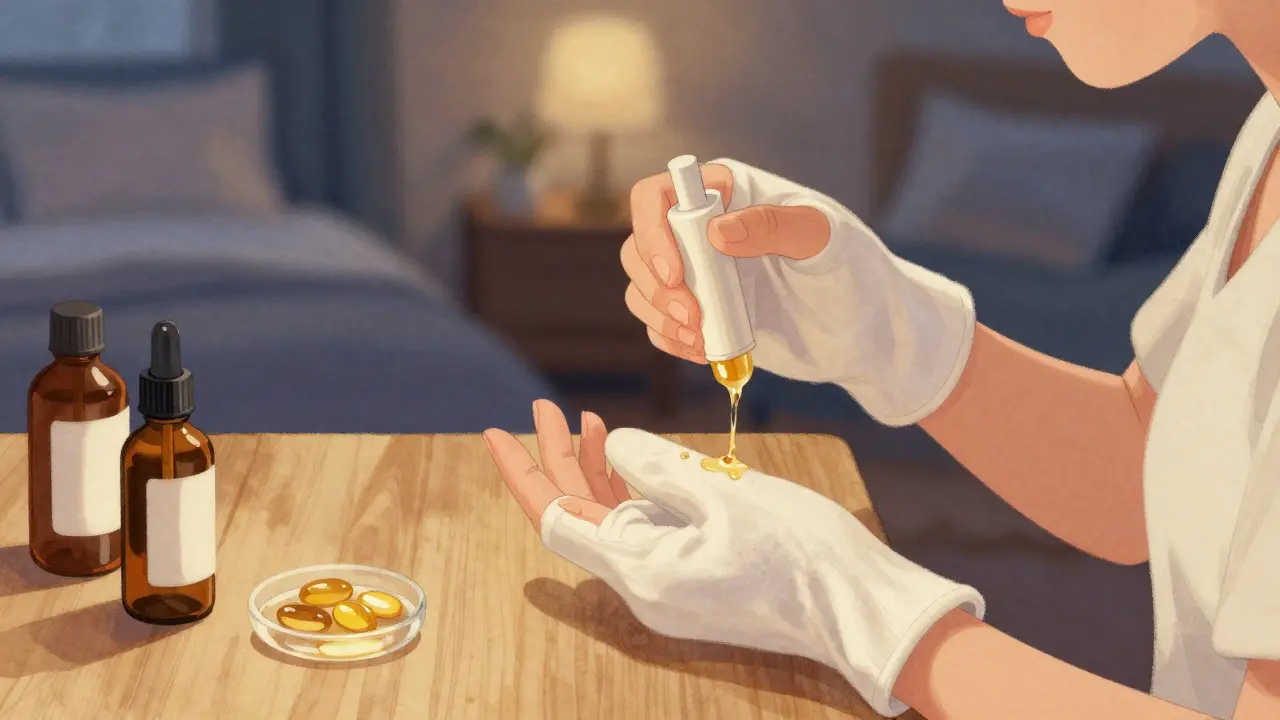 Žena masíruje olej do nehtů a kůžky v noci s bavlněnými rukavicemi.