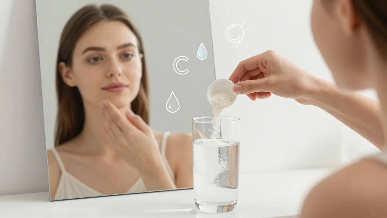Žena připravuje doplněk mořského kolagenu vedle zrcadla, které odráží její mladší vzhled pokožky, s ikonami hydratace a vitamínu C.
