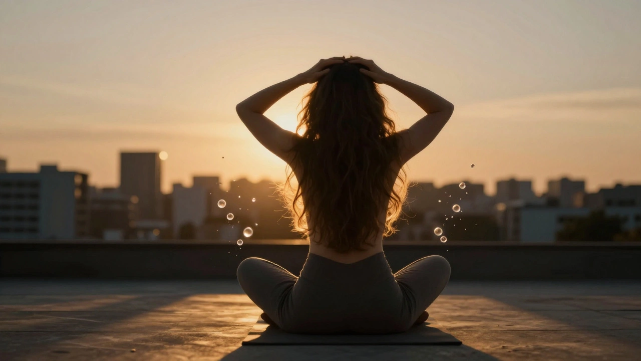 Žena v meditační poloze s hustými vlasy v záři západu slunce.