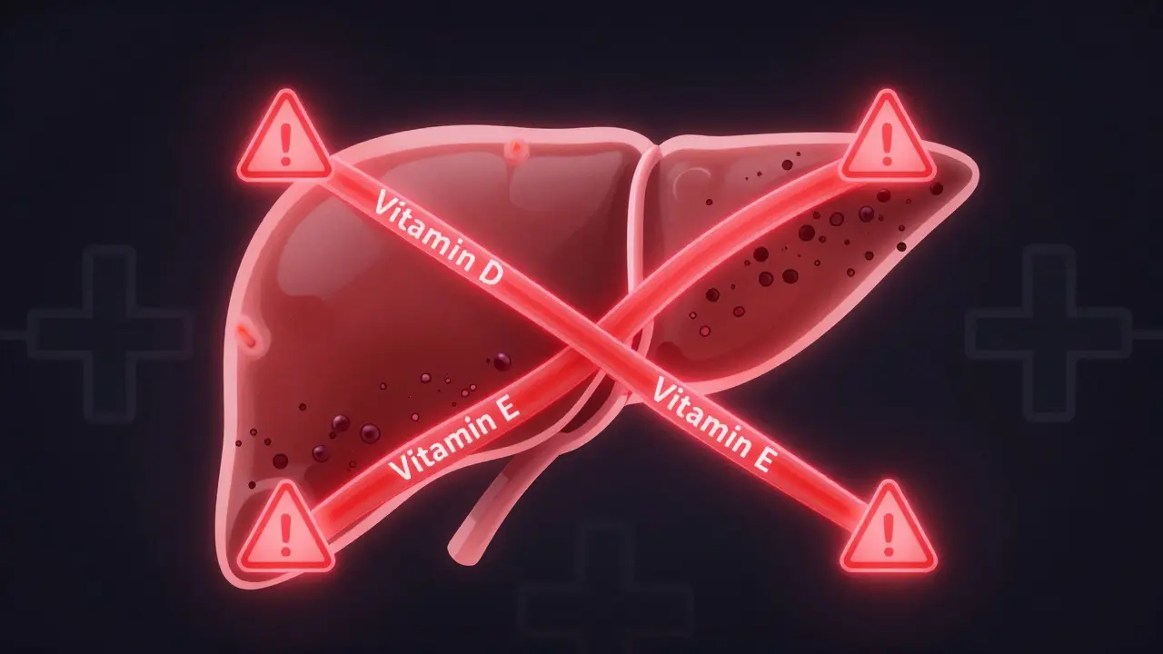 Abstraktní ilustrace jater s červenými varovnými značkami, kde se střetávají vitamíny D a E.