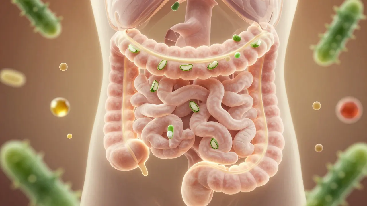 Abstraktní znázornění trávicího traktu s uklidňujícími látkami z aloe vera.