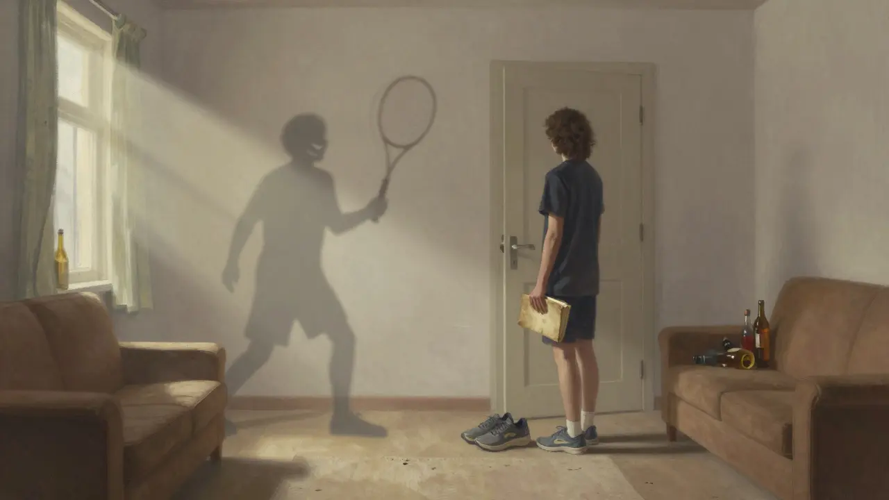 Člověk drží knihu a tenisovou raketu, zatímco jeho dřívější já pomalu mizí.