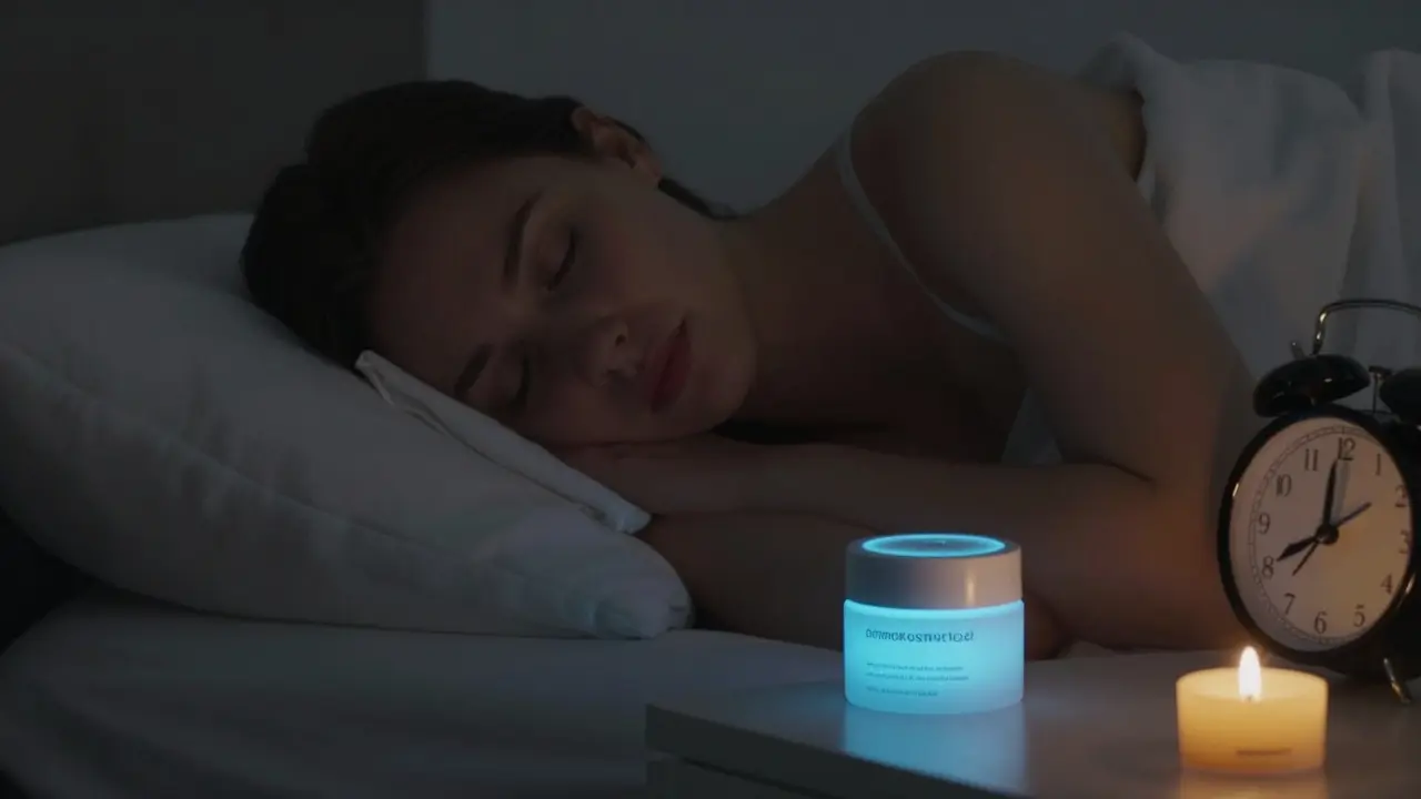 Člověk spí v klidné místnosti s chladným obkladem a krémem na nočním stolku.