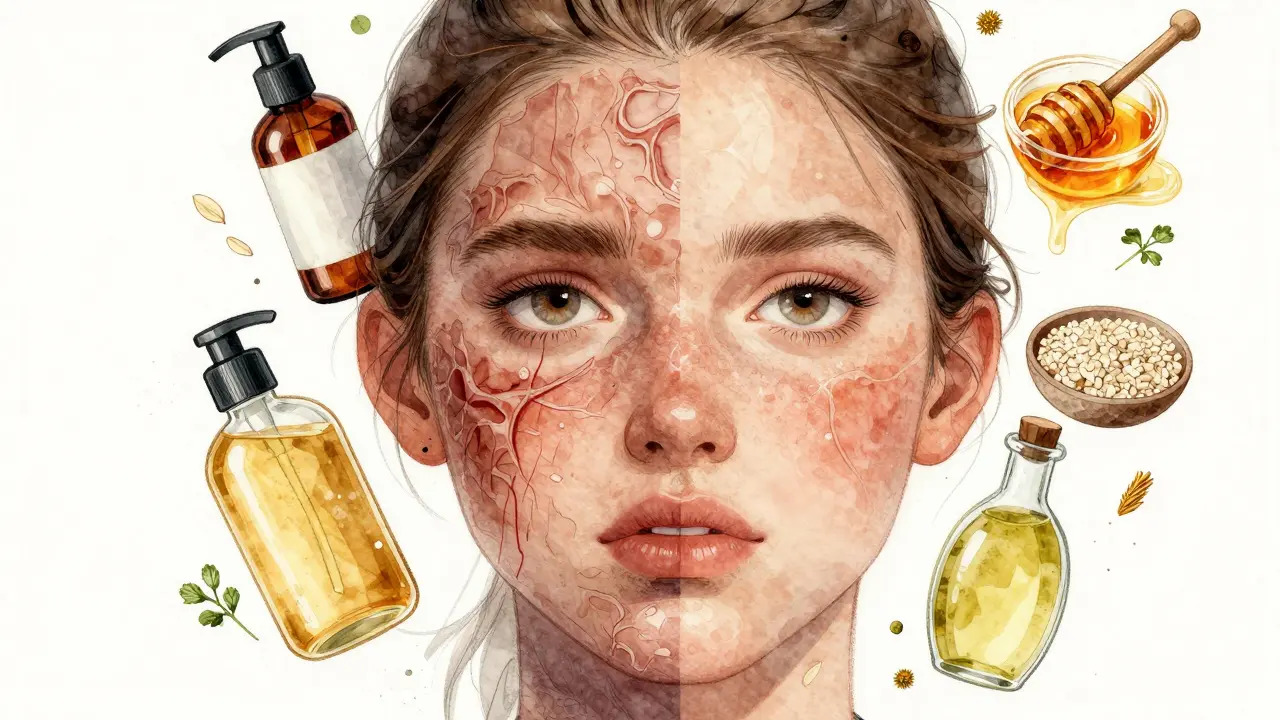 Dvě poloviny obličeje: jedna poškozená chemikáliemi, druhá zdravá přírodními ingrediencemi.