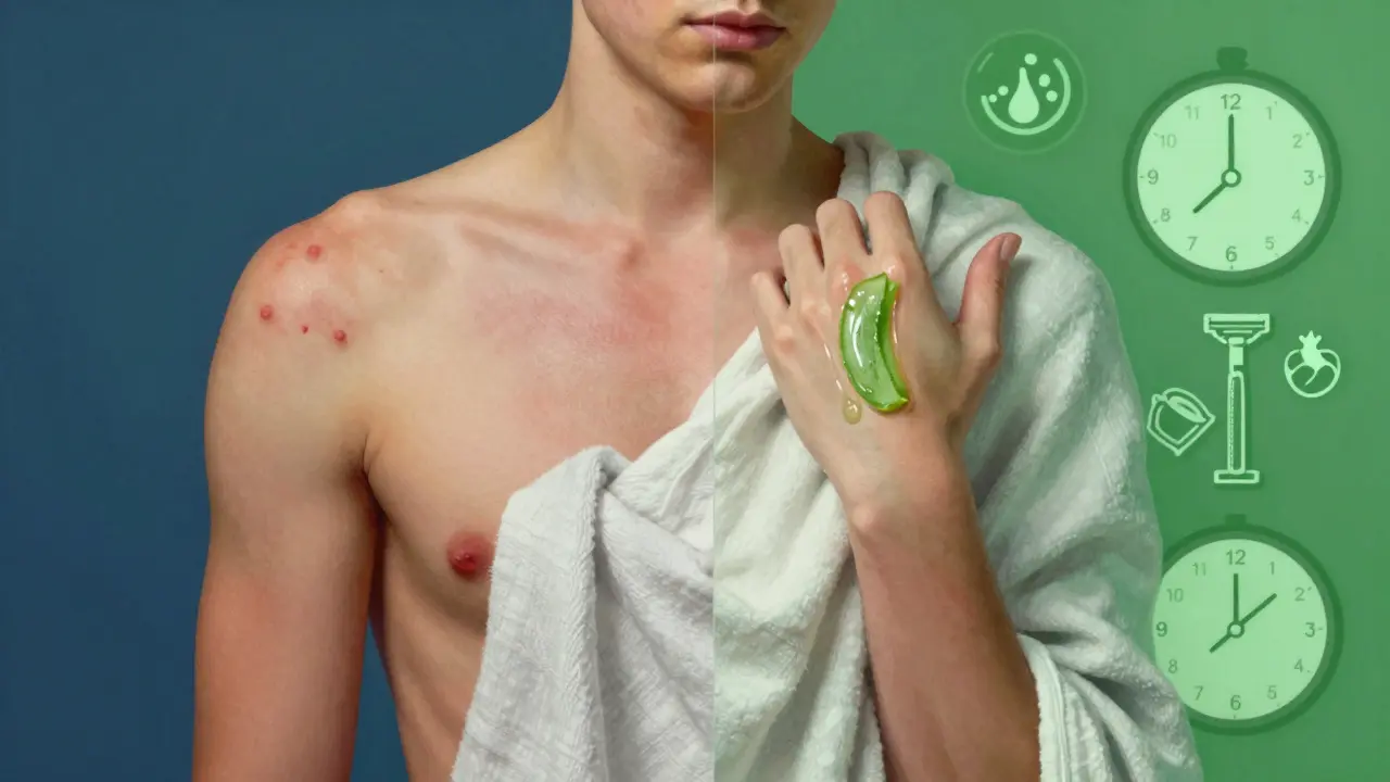 Dvě strany kůže: podrážděná v těsném oblečení a klidná s aloe vera a volným oděvem.