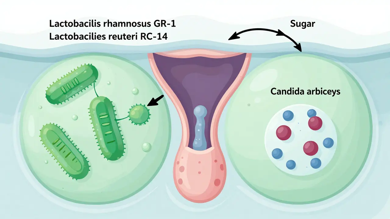 Ilustrace rovnováhy bakterií v pochvě: laktobacily potlačují kvasinky, zvýšení pH je způsobeno cukrem.