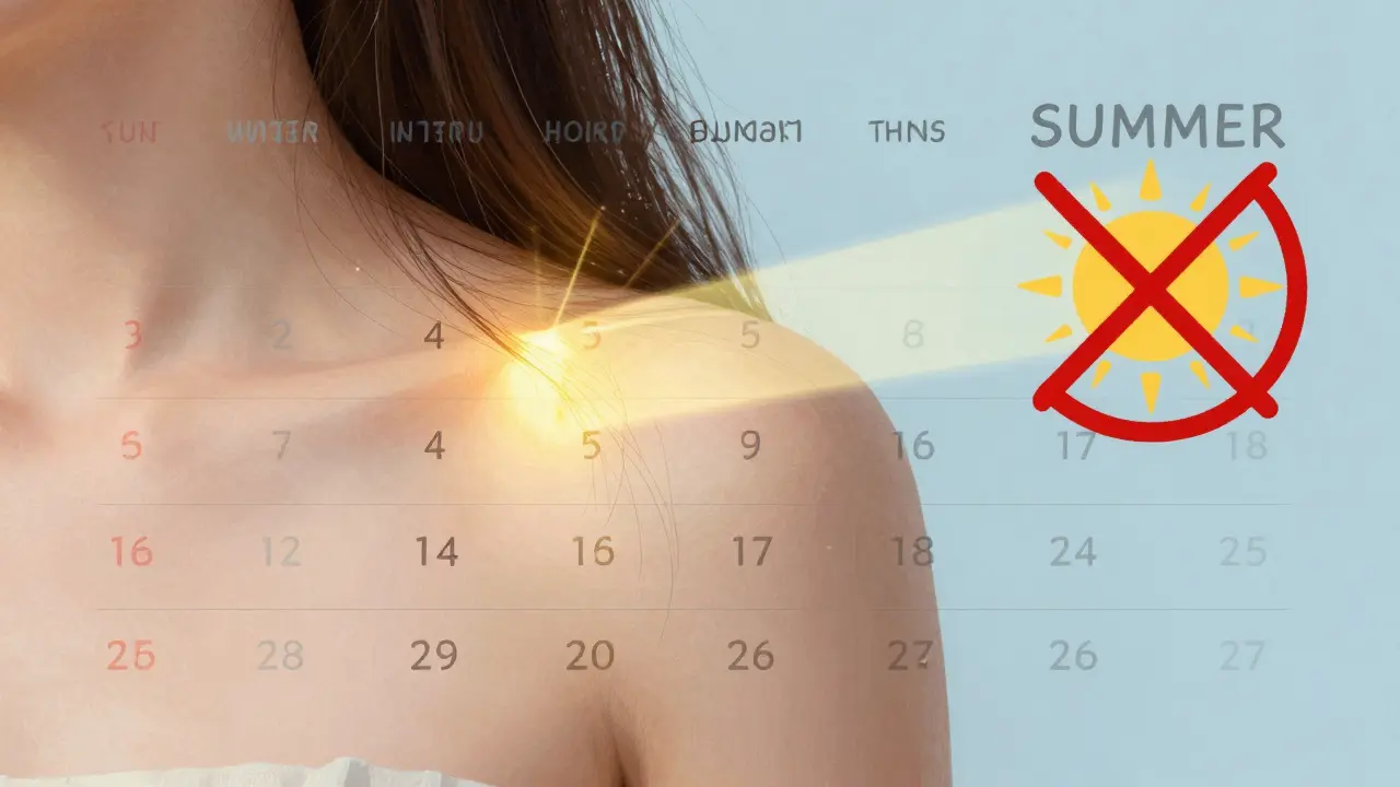 Kalendář roku s označenými obdobími pro optimální depilaci, zima svítí, léto je zakázané.