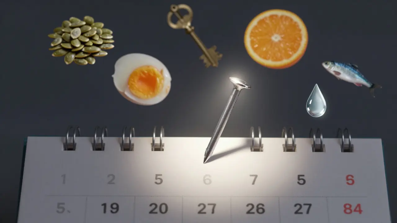 Kalendář ukazující postupnou transformaci křehkého nehtu na silný za 12 týdnů