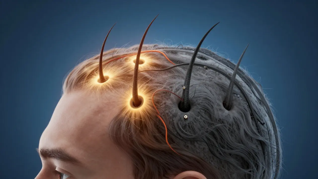 Konečná pokožka hlavy: zdravé folikuly na jedné straně, zaniklé na druhé, spojené proudem živin.