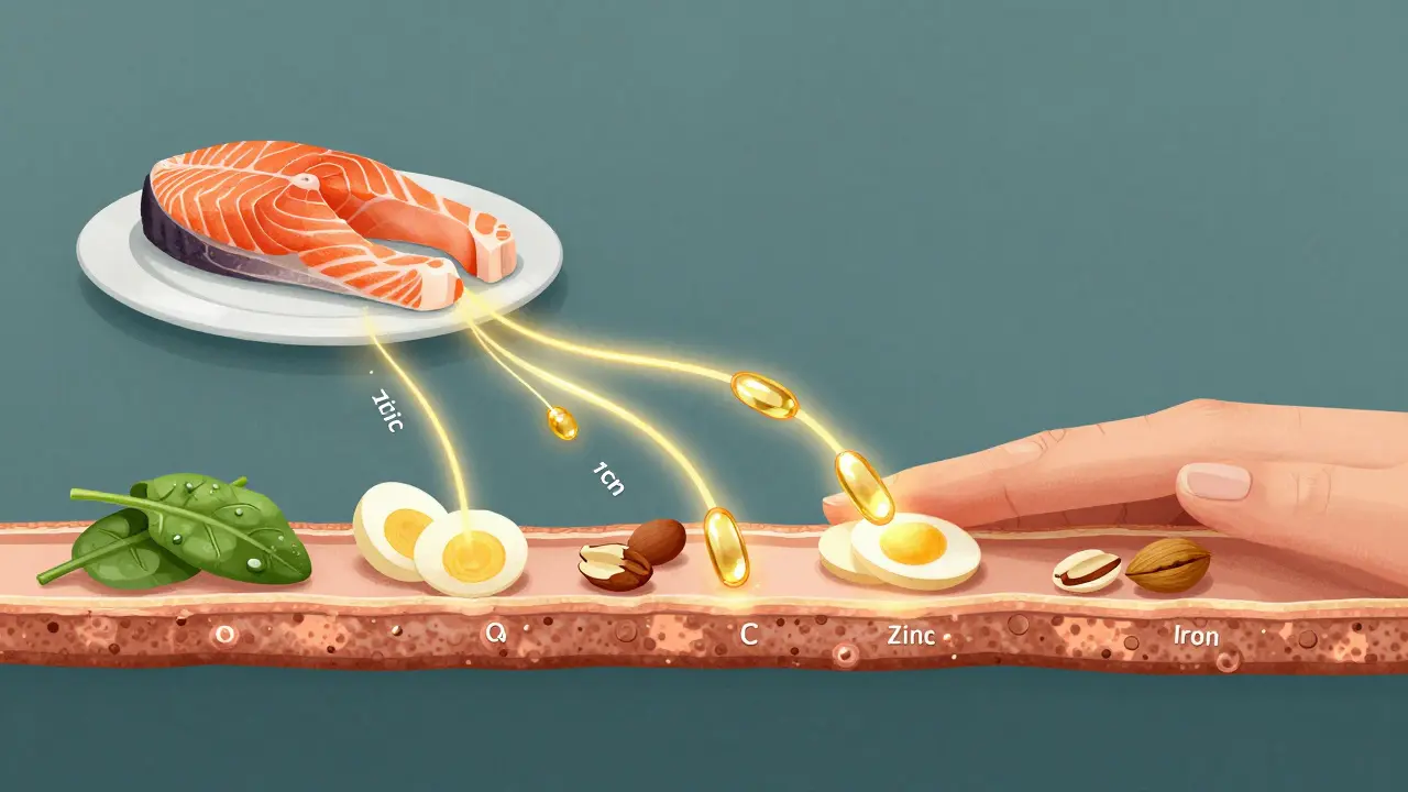 Křížový řez nehtu s výživovými látkami tekoucími z potravin do nehtového lůžka