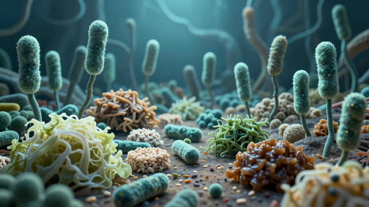 Mikrobiom střeva jako živý ekosystém s probiotickými potravinami.