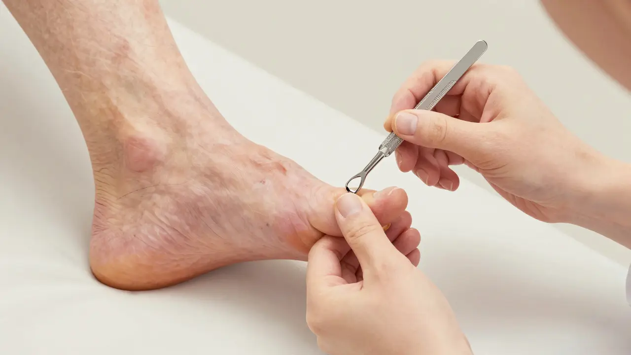 Odborník pečlivě stříhá nehet staršího pacienta v klinickém prostředí