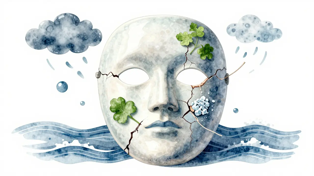 Poškozená bariéra pleti jako rozbitá porcelánová maska, kterou opravují rostliny a molekuly.