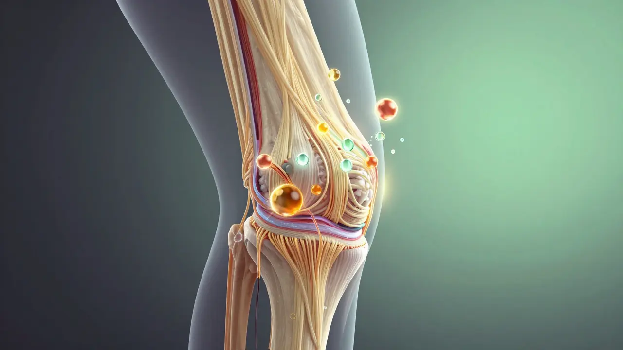 Příčný řez kolenního kloubu, kde se chrupavka obnovuje pod vlivem vody a živin.