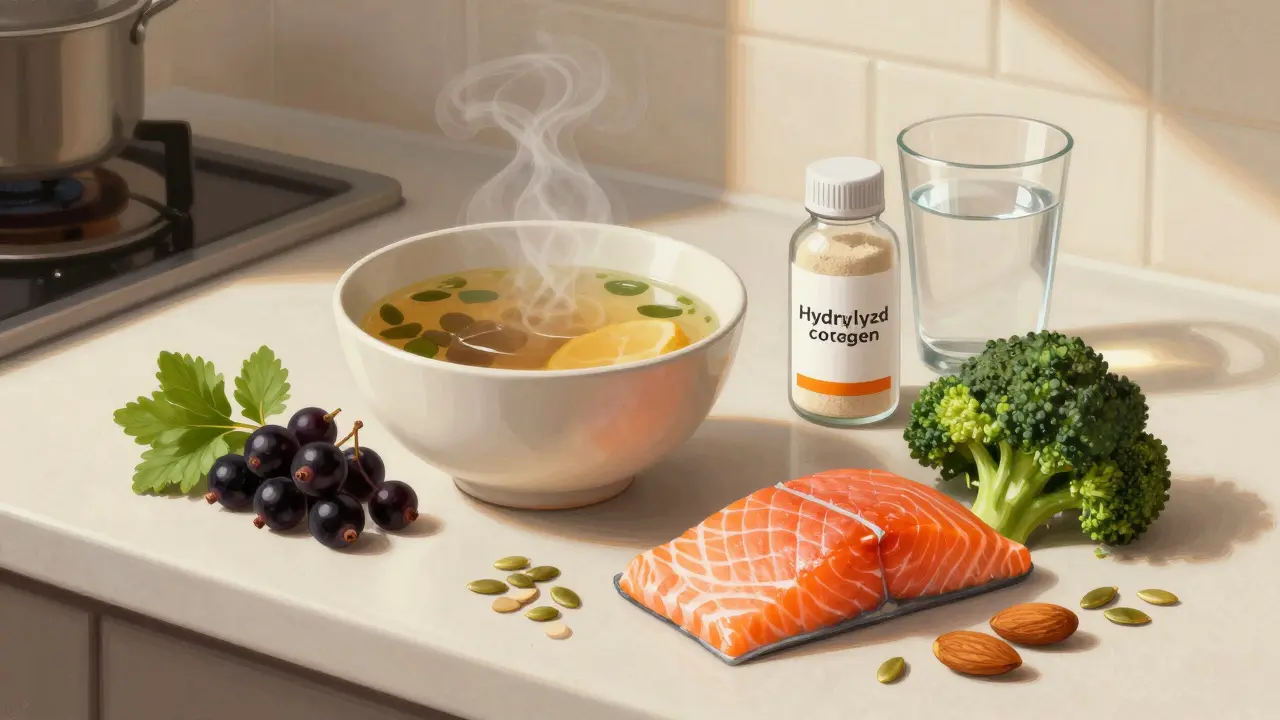 Přírodní potraviny pro obnovu chrupavky: vývar z kostí, rybíz, losos a ořechy na stole.