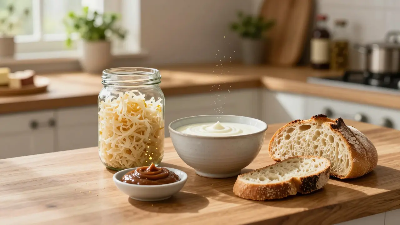 Přirozené zdroje laktobacilů: kysané zelí, kefír, miso a kváskový chléb