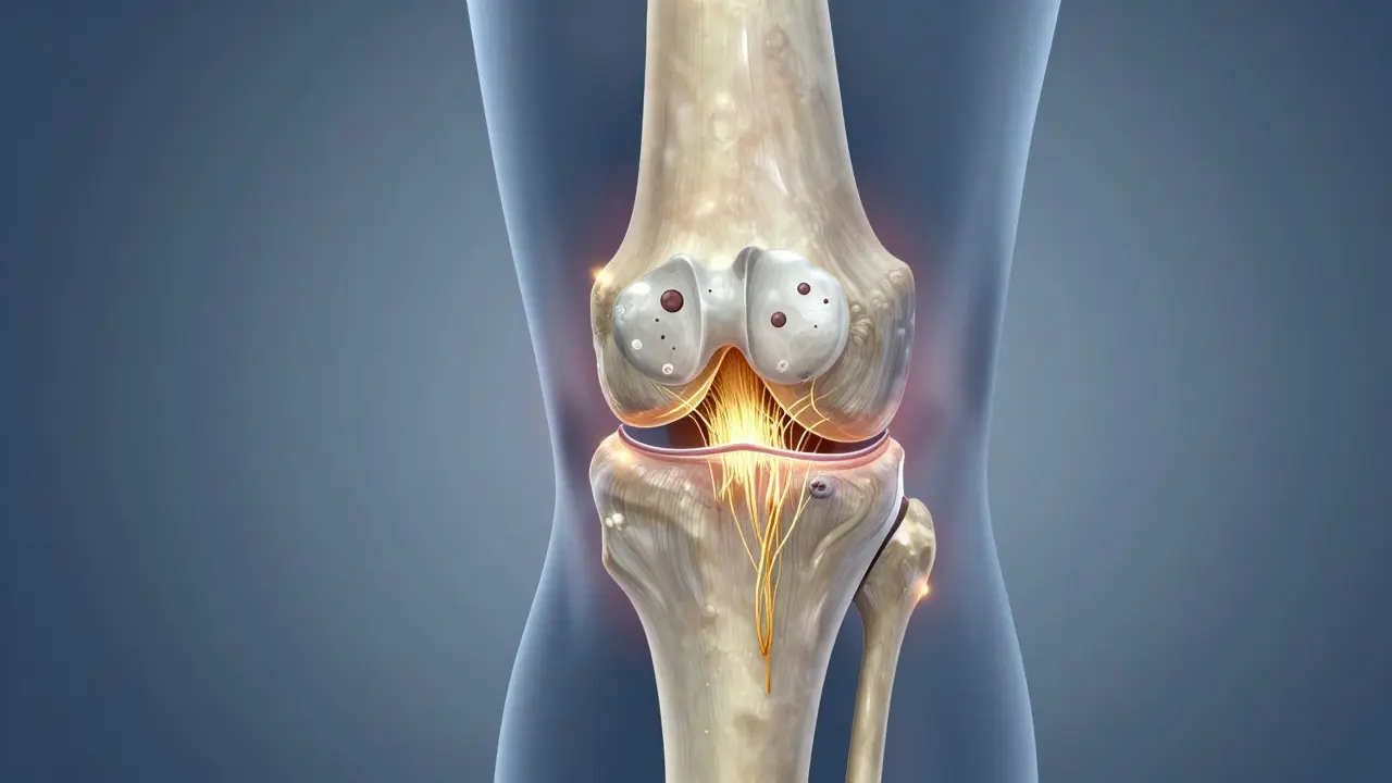 Průřez lidského kolena s poškozenou chrupavkou a vstřebávajícími se vlákny rybího kolagenu ve zlatých odstínech.