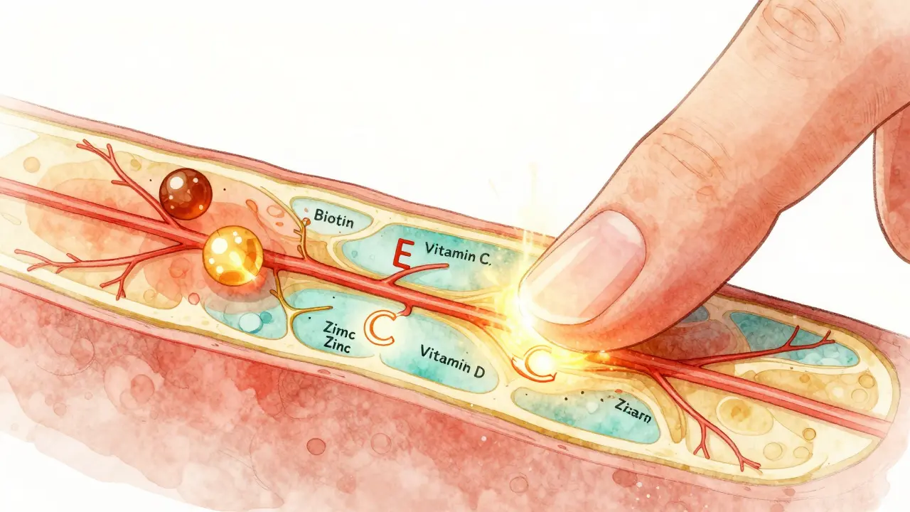 Průřez prstu ukazující proudění vitamínů do matice nehtu