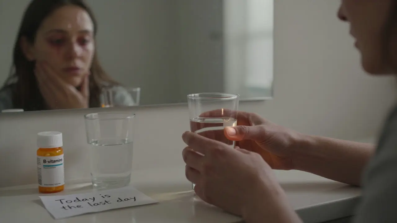 Ruce třesoucí se při pití ráno, v zrcadle se vidí příznaky závislosti.