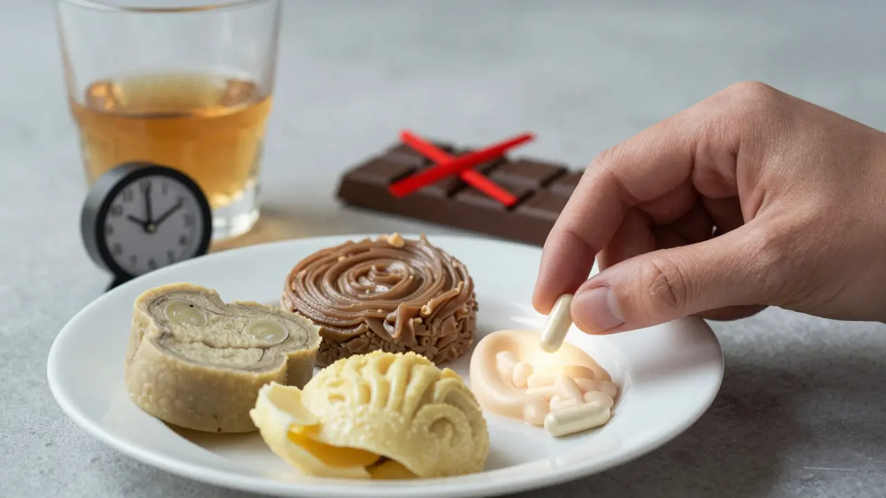 Ruka klade probiotikum vedle kvašených potravin, zatímco alkohol a čokoláda jsou přeškrtnuté.