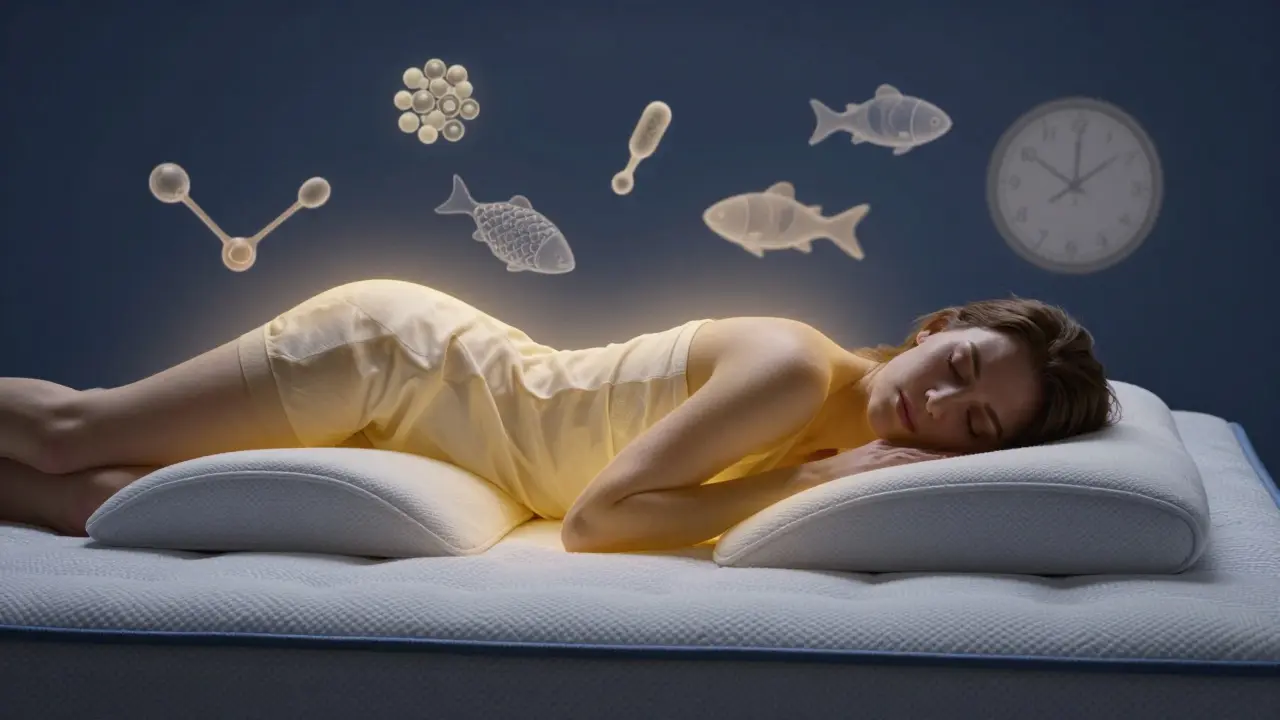 Spící člověk v klidné noční scéně s jemným zlatým zářením symbolizujícím noční obnovu kloubů.