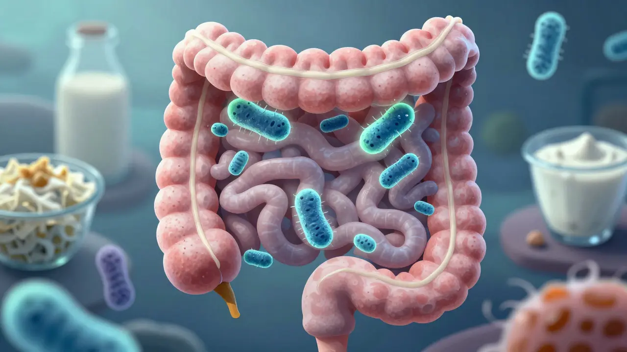 Umělecké znázornění střevní mikroflóry s osvětlenými laktobacily v obklopujících kvašených potravinách.
