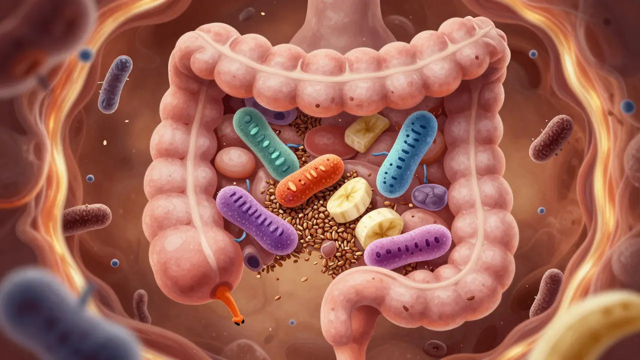 Vnitřek střev jako živý ekosystém s probiotickými bakteriemi a vlákninou, které spolu pracují.