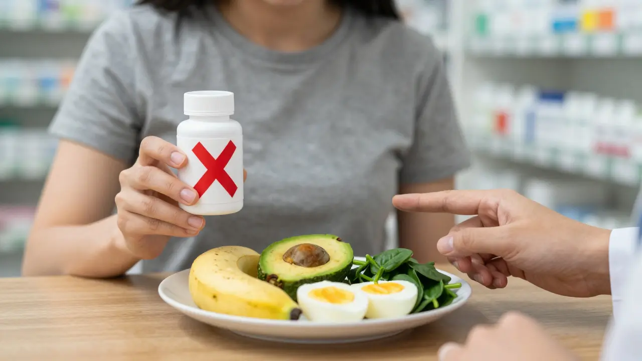 Žena drží multivitamín s červeným křížem, vedle ní je talíř s potravinami a ruka lékaře ukazuje na jídlo.