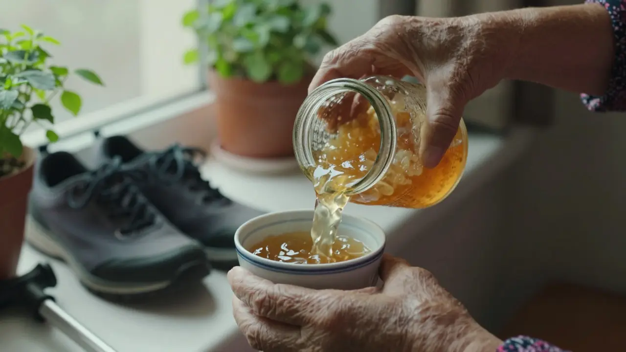 Žena nalévá ztuhlou polévku z skleněné nádoby do hrnku, ruce s příznaky stárnutí.
