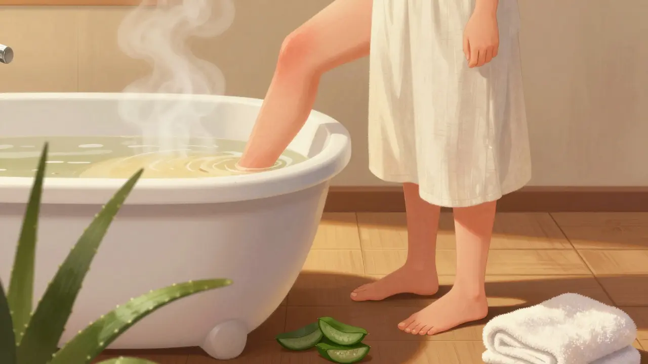 Žena si koupá v teplé vodě s ovesnými vločkami, kůže je mírně červená, ale klidná.