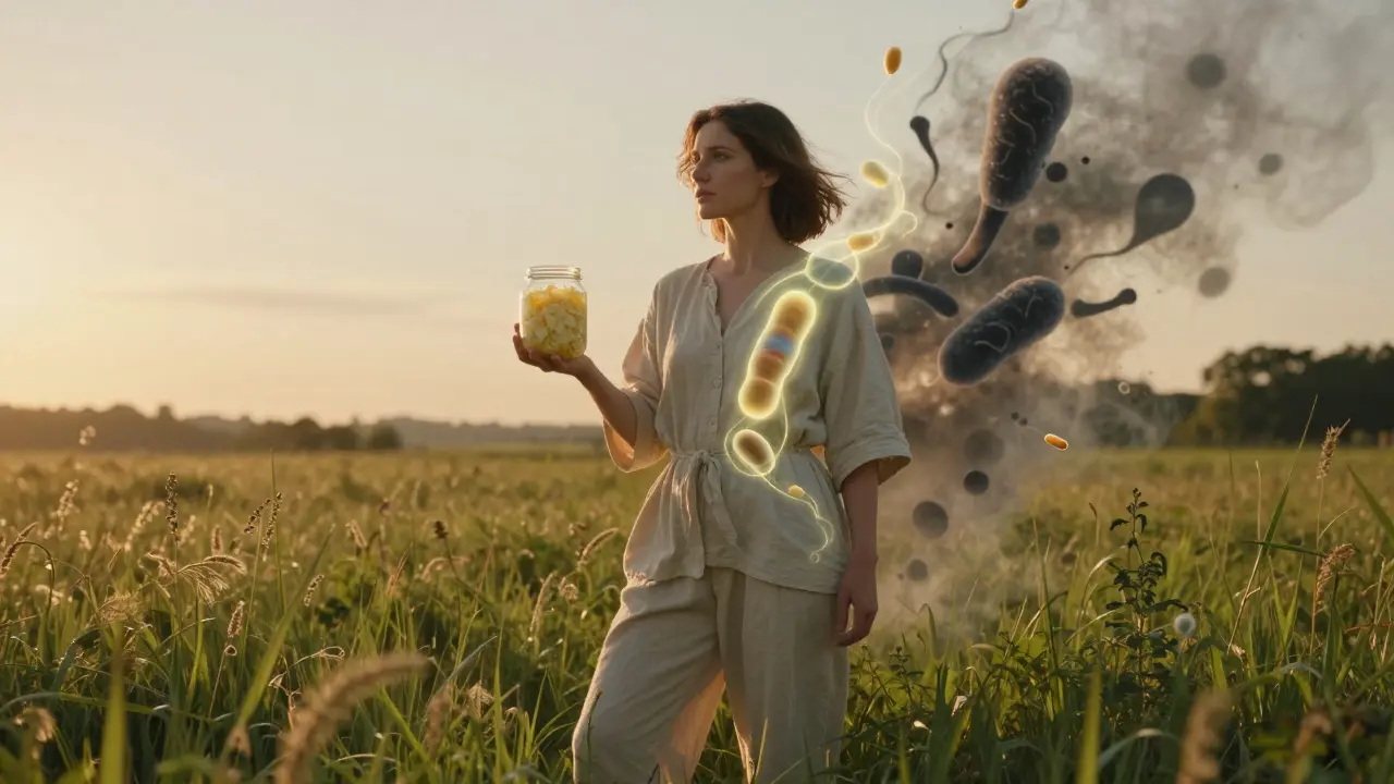Žena v přírodě drží fermentovanou potravinu a probiotikum, kvasinky se mění v mlhu.
