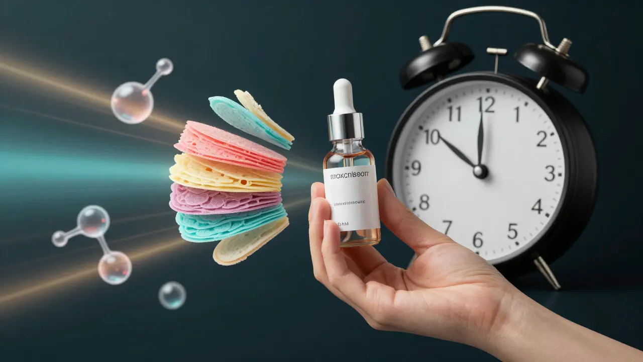 Abstraktní scéna retinolu v nočním světle s regenerací kůže a molekulami.