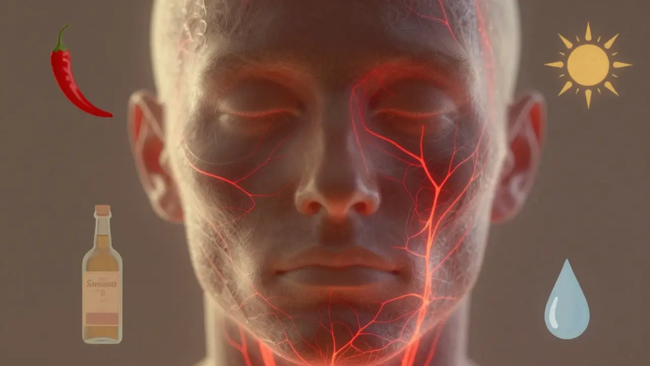 Blízký pohled na obličej s viditelnými rozšířenými cévami a symboly příčin rudnutí.