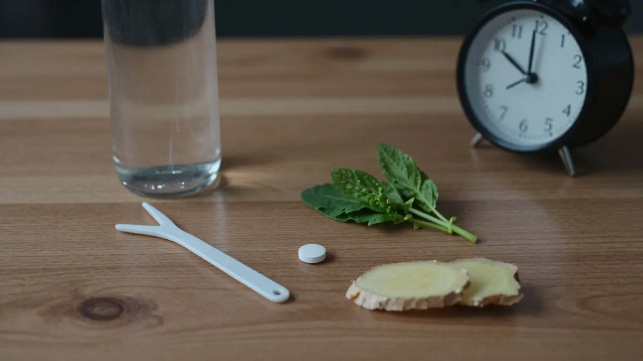 Cestovní kit s vodou, chlorofyllinem, petrželem a zázvorem uložený na dřevěné desce.