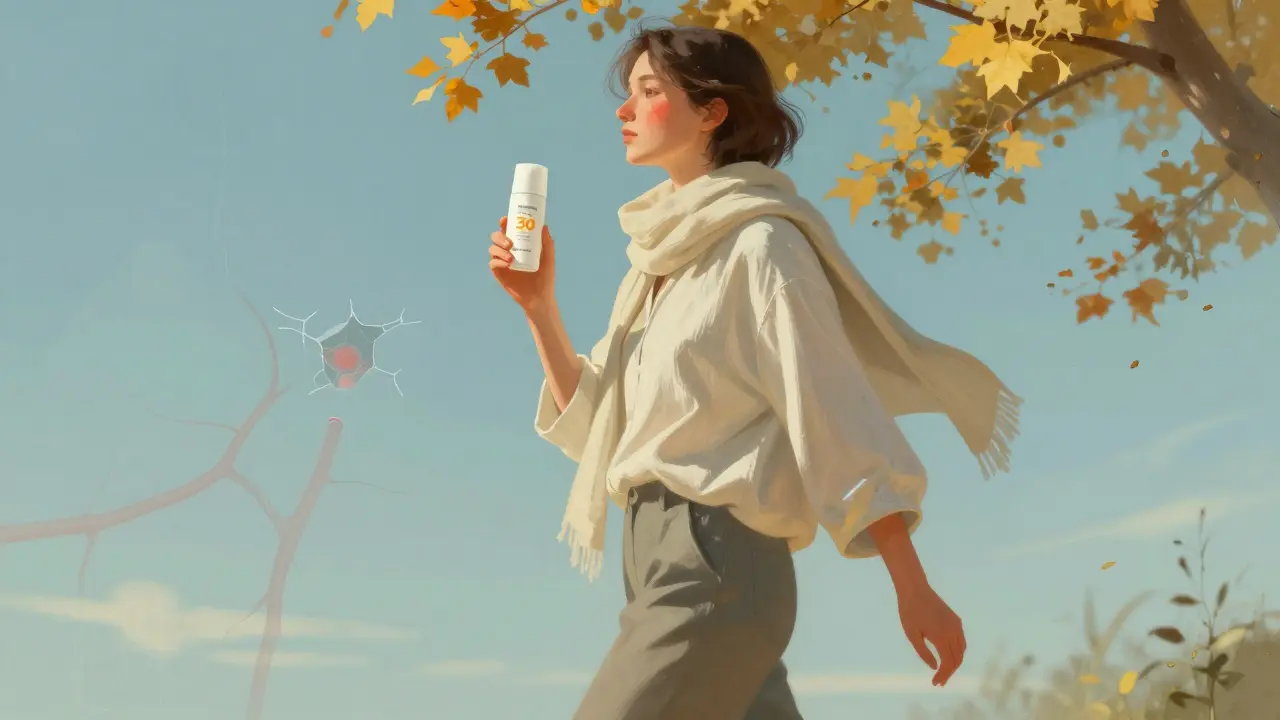 Člověk s mírně rudou pleťí kráčí venku s léčivým krémem v ruce.