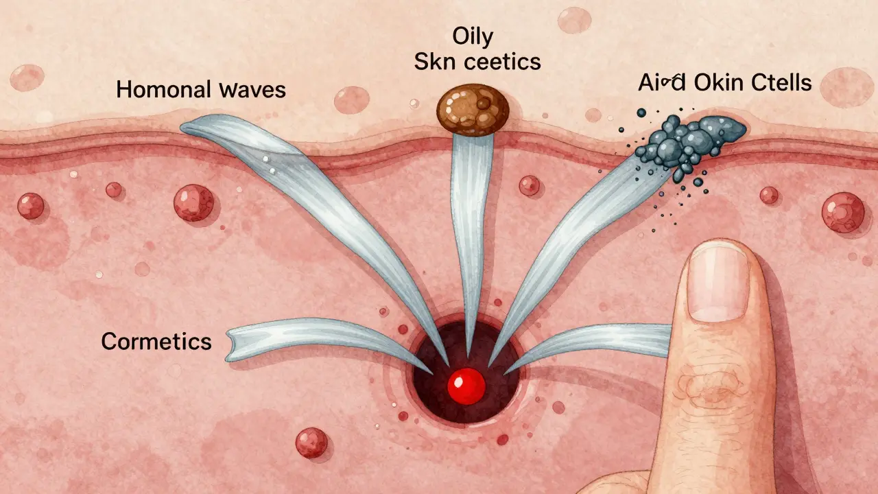 Ilustrace pěti příčin ucpaných pórů: hormony, mrtvé buňky, kosmetika, smog a dotýkání obličeje