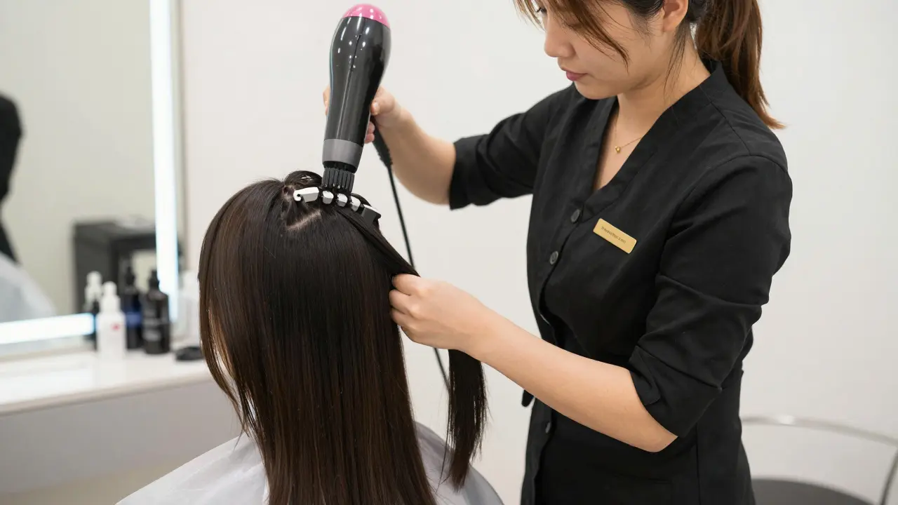 Kosmetička provádějící keratinovou úpravu v salóně pod hůdkovým sušičem.