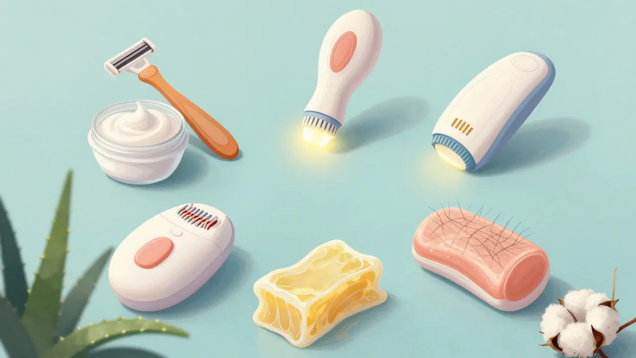 Kruhová kompozice pěti metod depilace s symbolickými prvky a přírodními elementy.