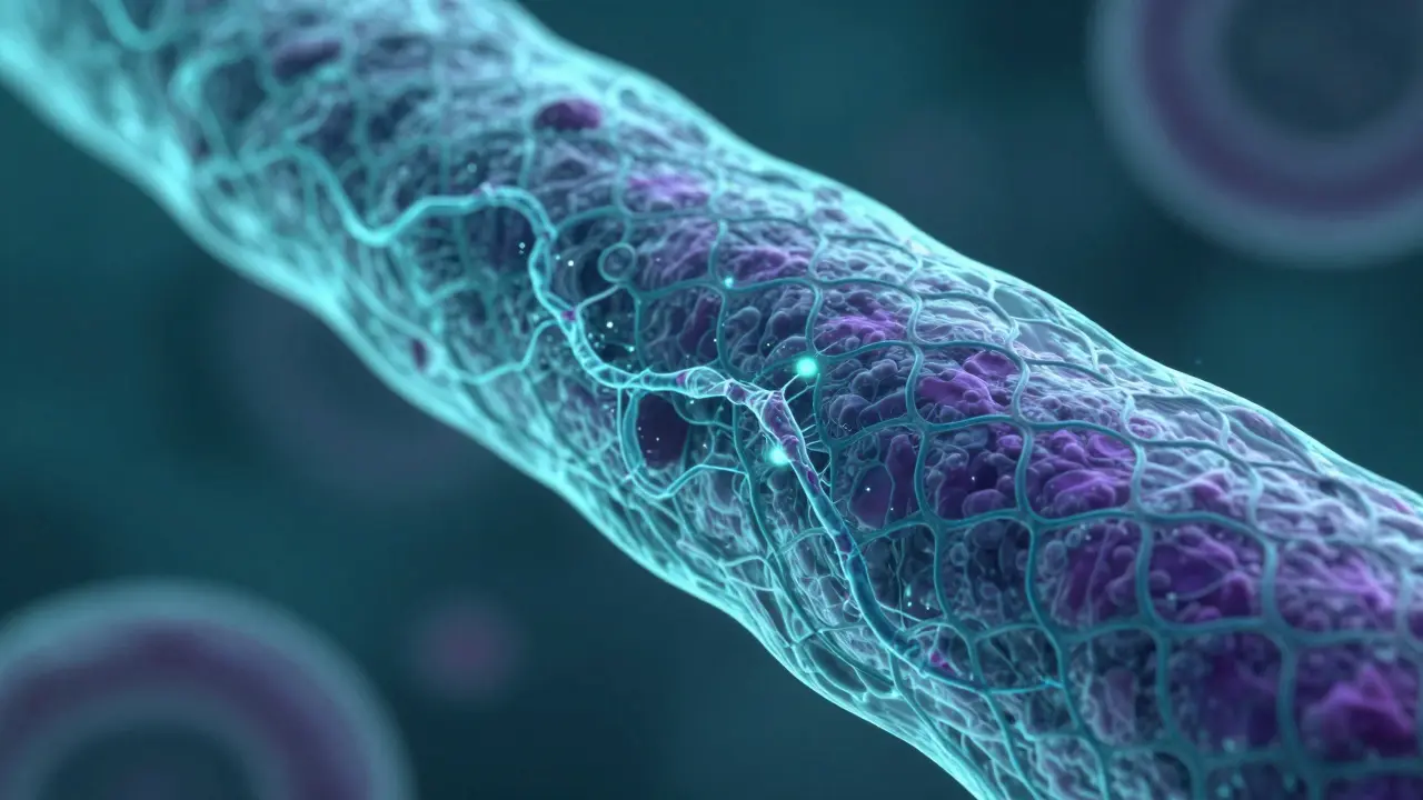 Mikroskopický pohled na kolagenové peptidy v krevních cévách s mořskými šupinami.