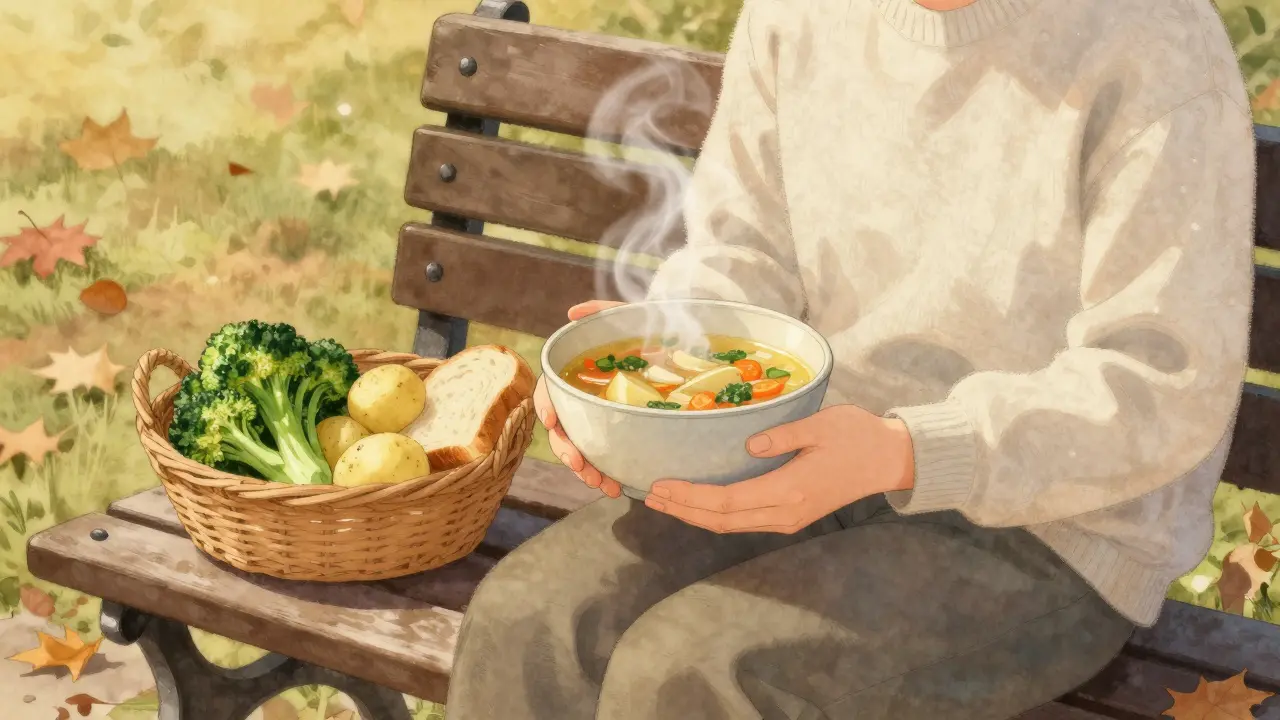 Osoba pije teplou zeleninovou polévku v klidném parku, kolem ní vařené zeleniny a bílý chléb.