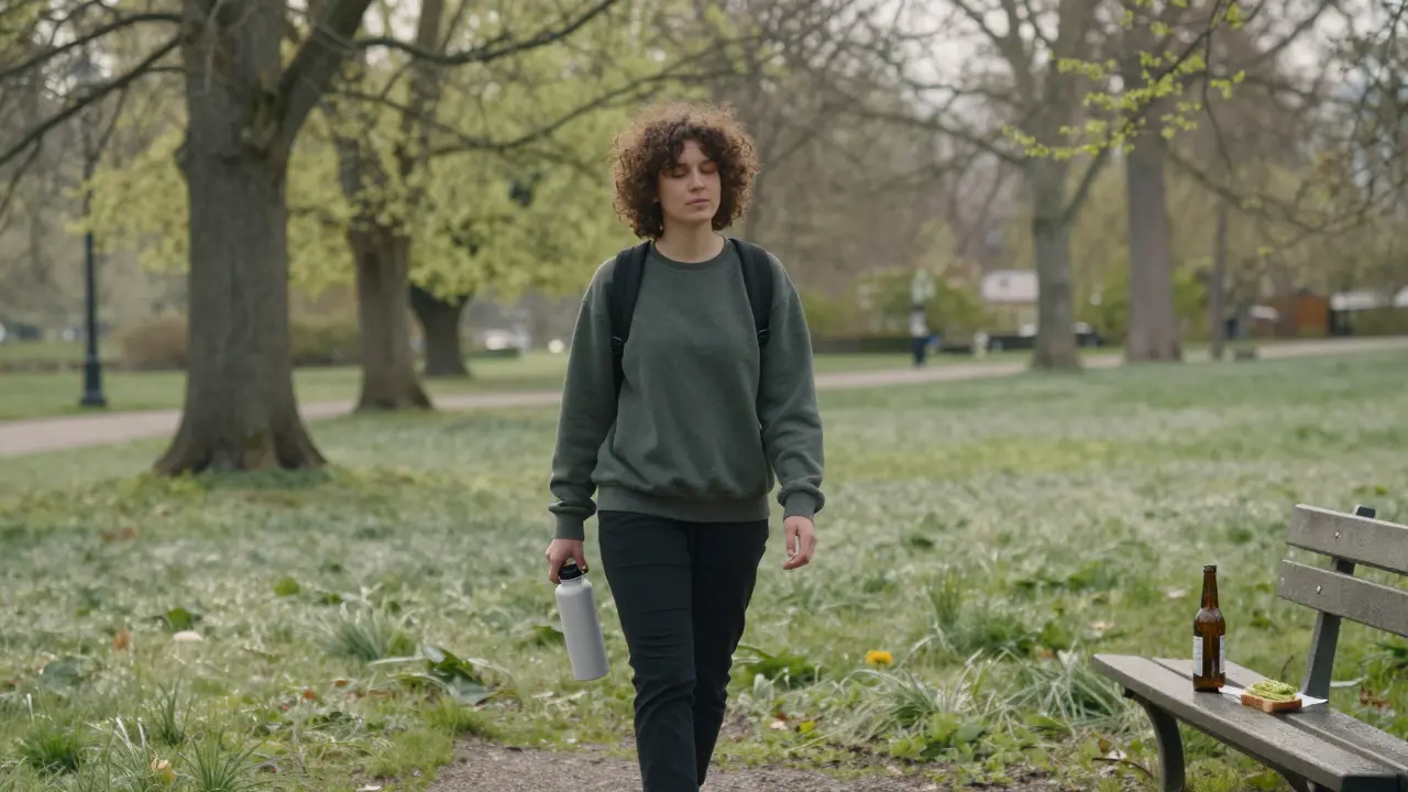 Osoba se prochází klidným parkem ráno, podporující regeneraci těla.