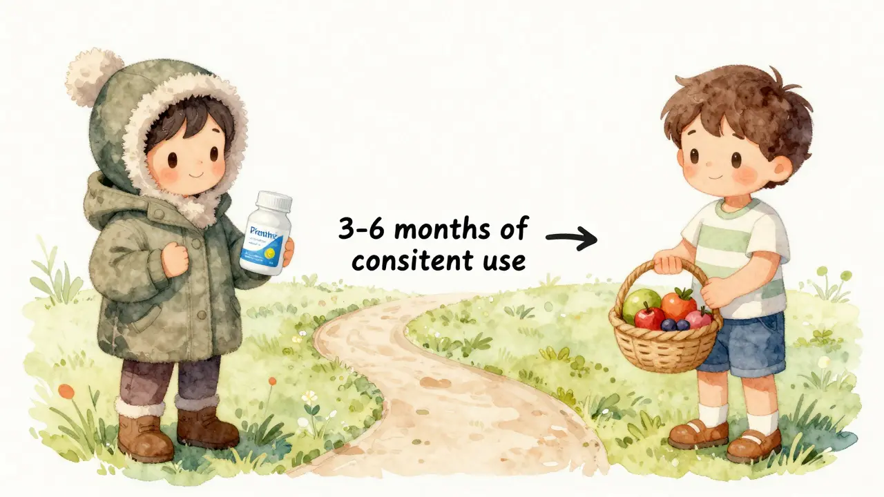 Přechod z podzimu na léto symbolizující dlouhodobé užívání laktobacilů po dobu 3–6 měsíců.