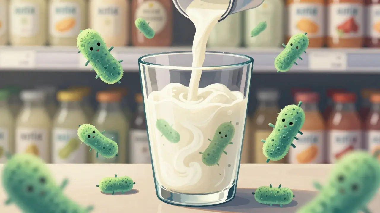 Přelévající se kefír s viditelnými probiotickými kulturami v průhledném sklenici