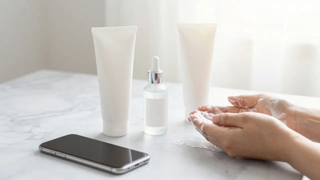 Přírodní péče o kůži: jemný čistič, salicylová kyselina a lehký krém vedle čistého telefonu a rukou