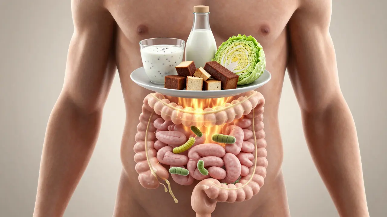 Průhledný lidský trávicí systém s probiotiky živými v střevech, napájenými fermentovanými potravinami